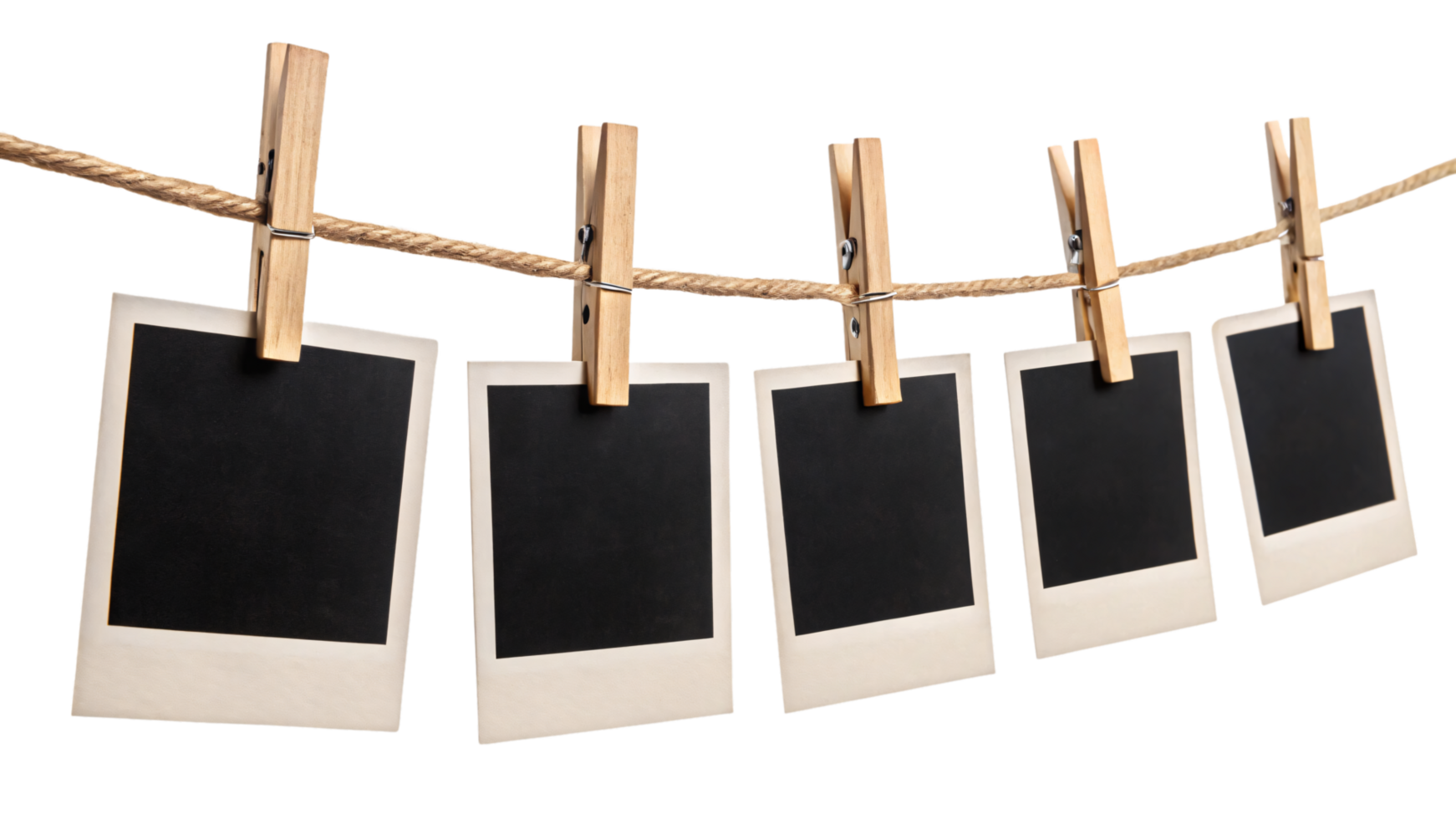 Five blank Polaroid frames clipped to a string with wooden pins, creating a nostalgic and creative display of moments yet to be captured png