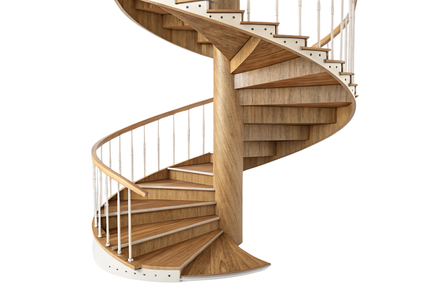 A wooden spiral staircase with natural tones, supported by a central column and ornate white railings, blending warmth with elegance png