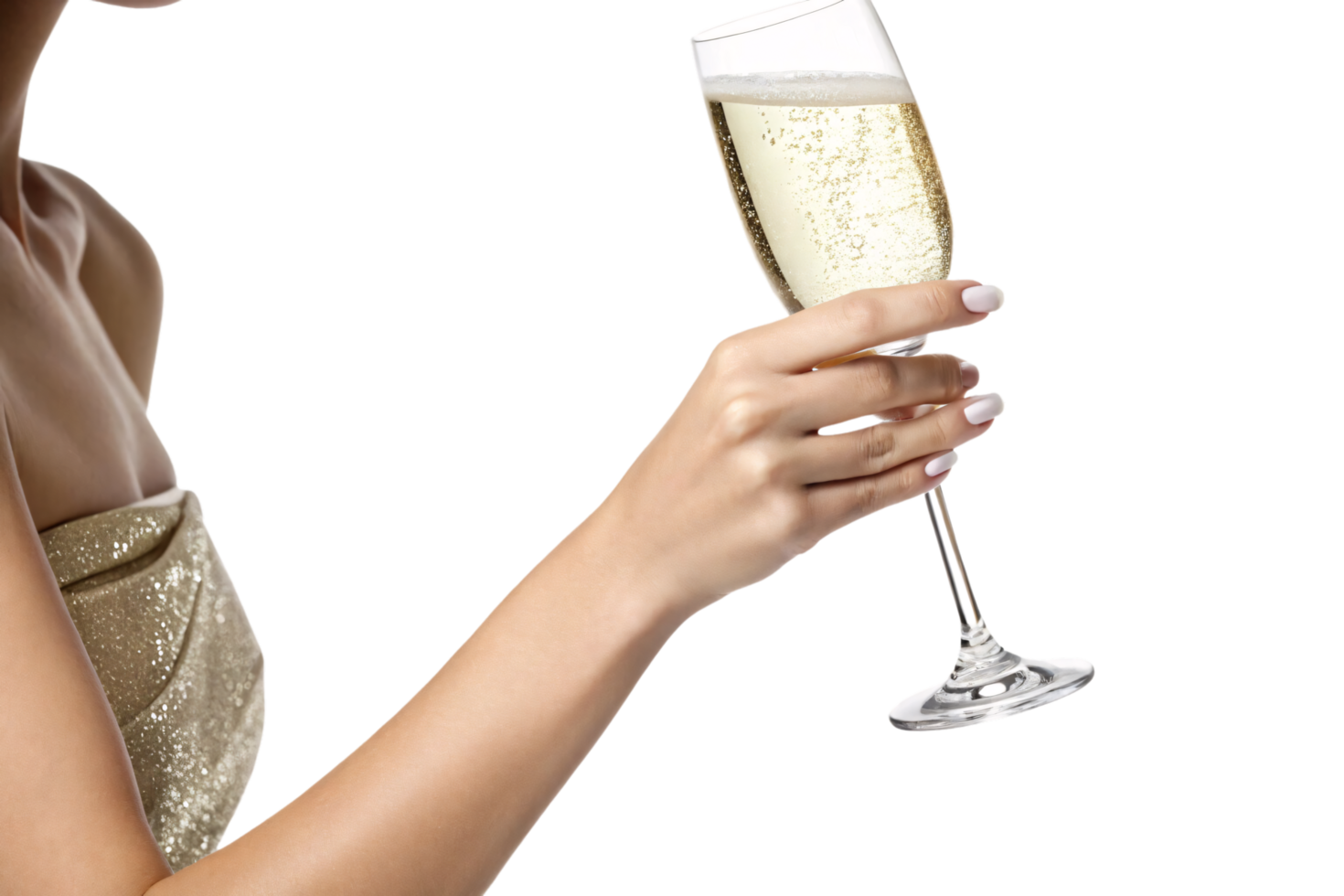 An elegant arm draped in a golden dress holds a champagne glass, capturing the sparkle of the drink and subtle glamor png
