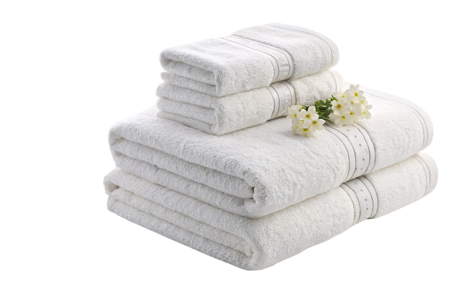 Plush white towels neatly arranged with delicate floral accents, embodying sophistication, purity, and relaxation png