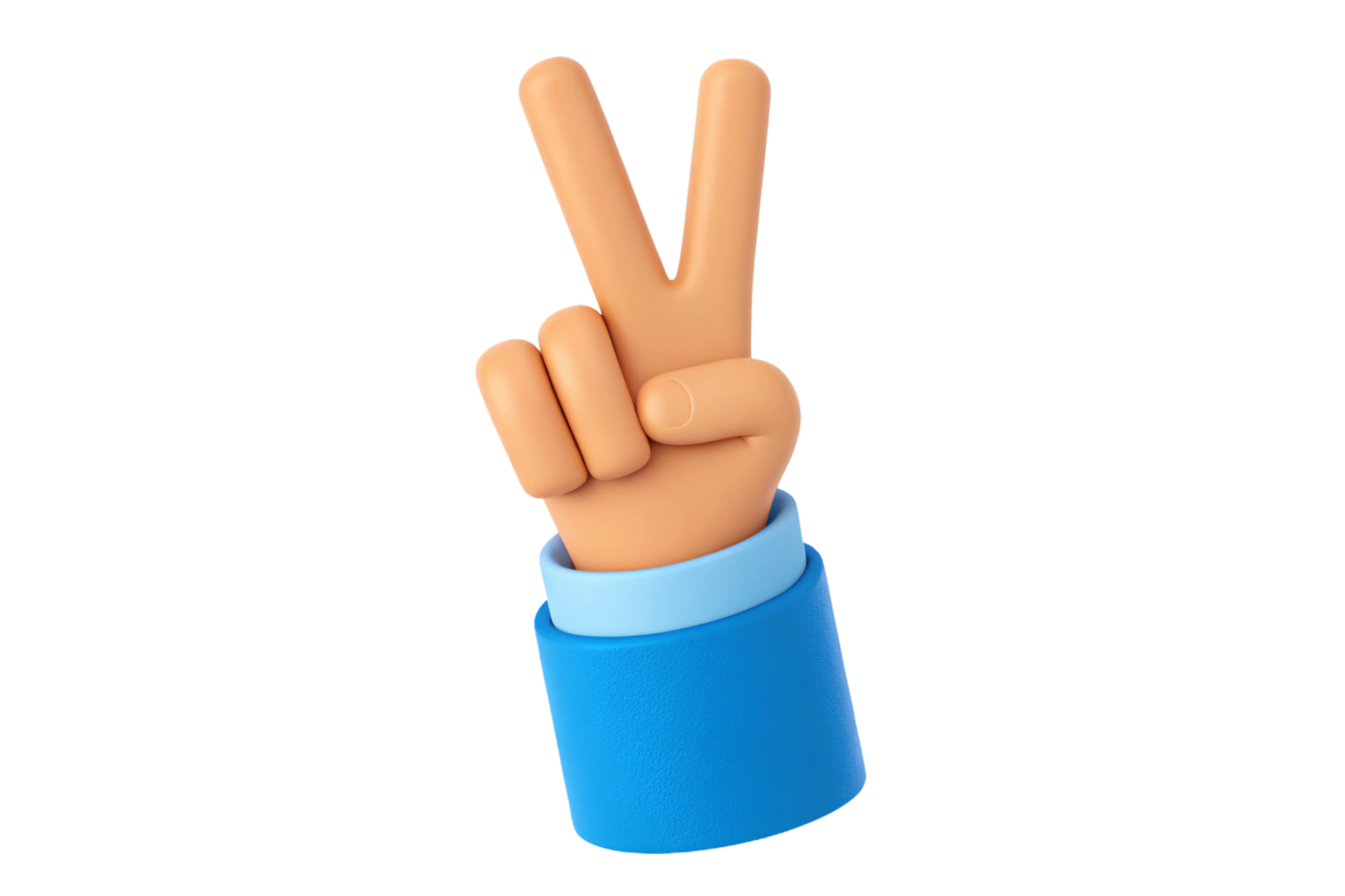 A cartoon-styled hand in a blue sleeve showing a peace or victory sign, vibrant and playful in design png