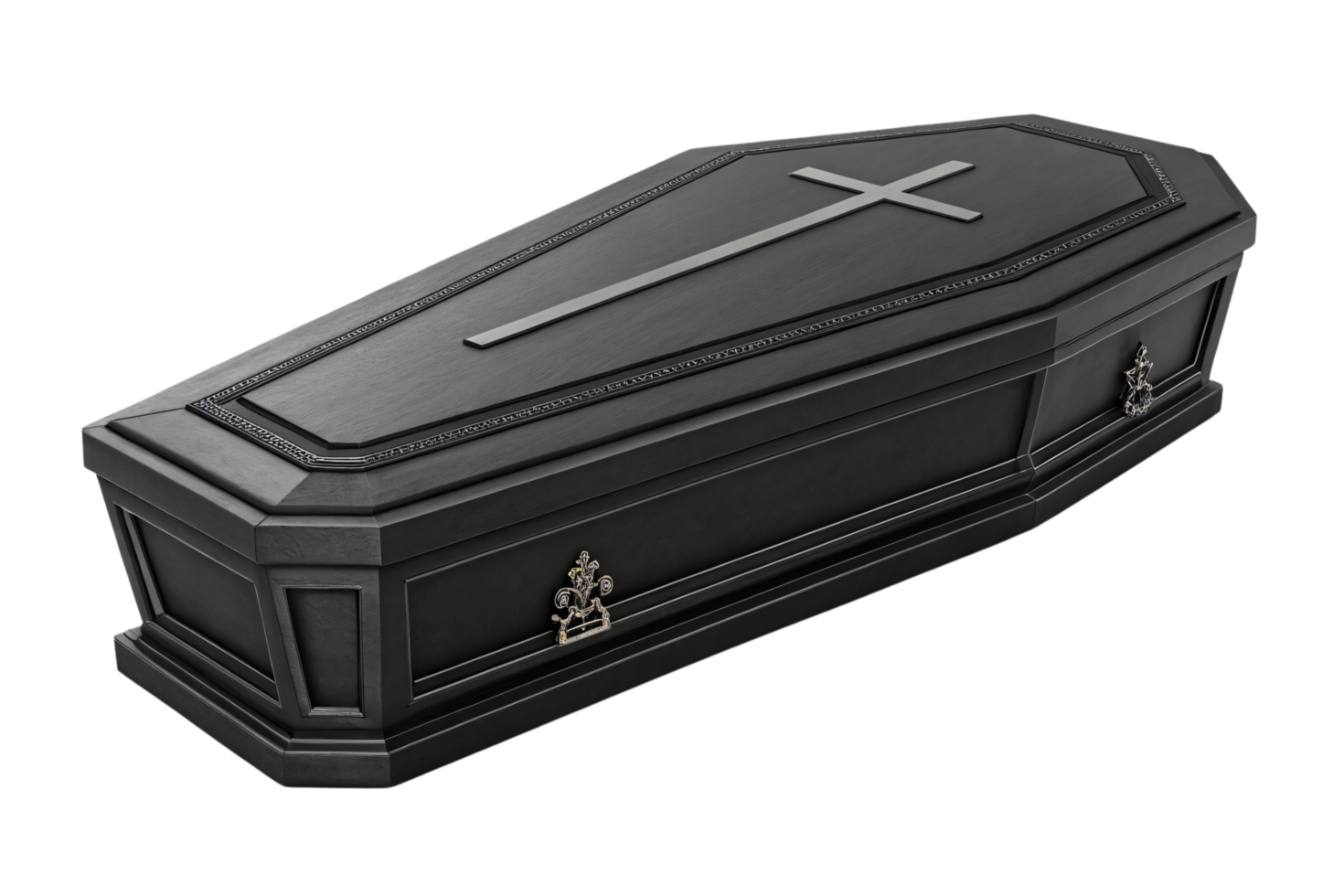 A sleek black coffin with a cross emblem and metallic embellishments, featuring beveled edges and polished details for a dignified appearance png