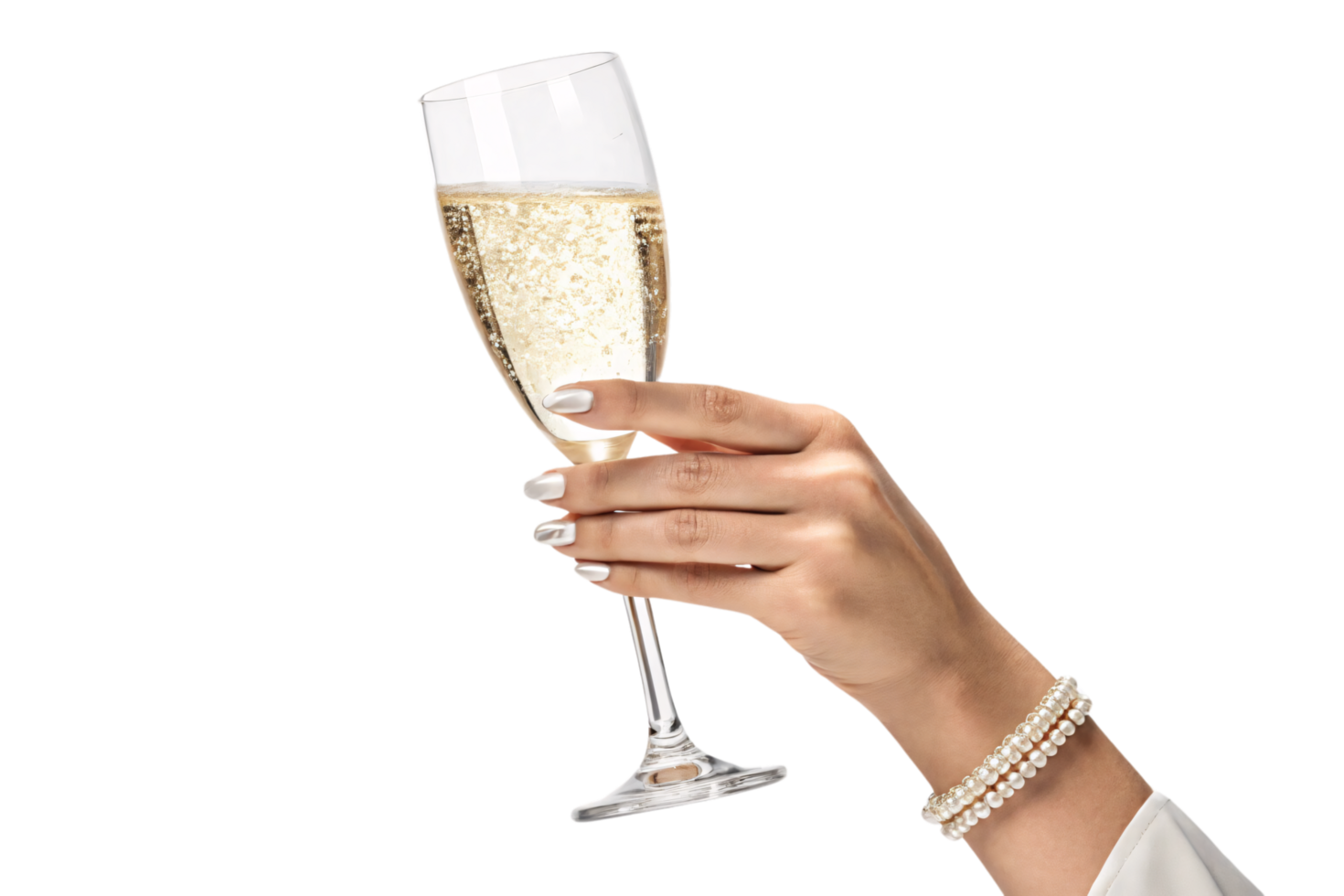 A delicate hand with silver nails gracefully holds a champagne flute, accessorized with a double-strand pearl bracelet exuding timeless sophistication png