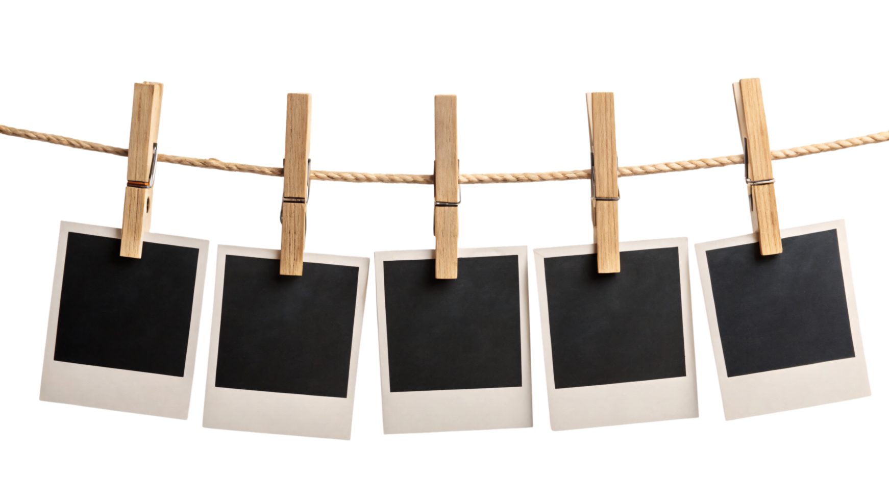 A row of five Polaroid frames pinned on a rope with clothespins, showcasing simplicity and an anticipation of cherished memories png