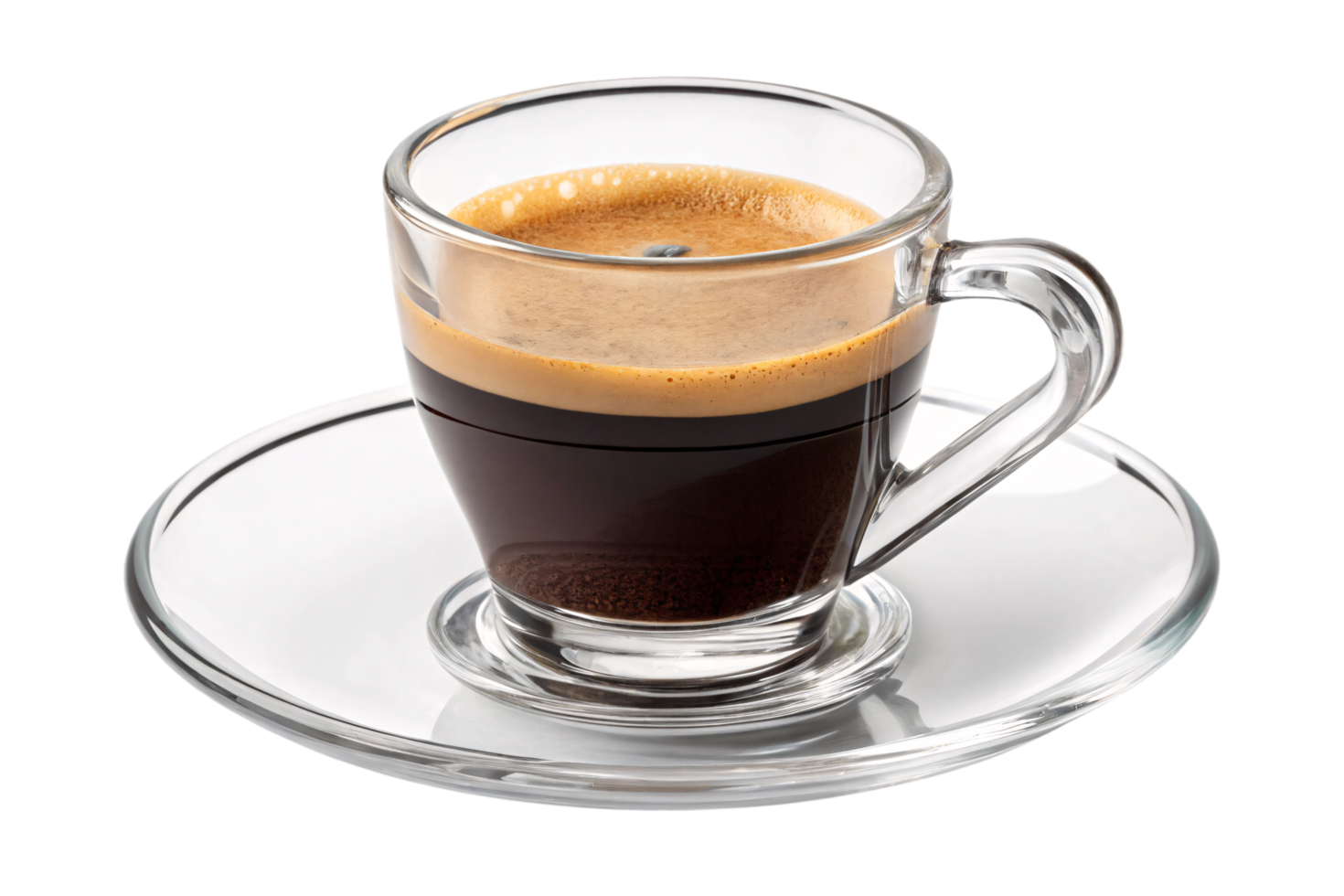 A glass espresso cup displays layers of rich crema and dark coffee, accompanied by a matching saucer for a refined presentation png