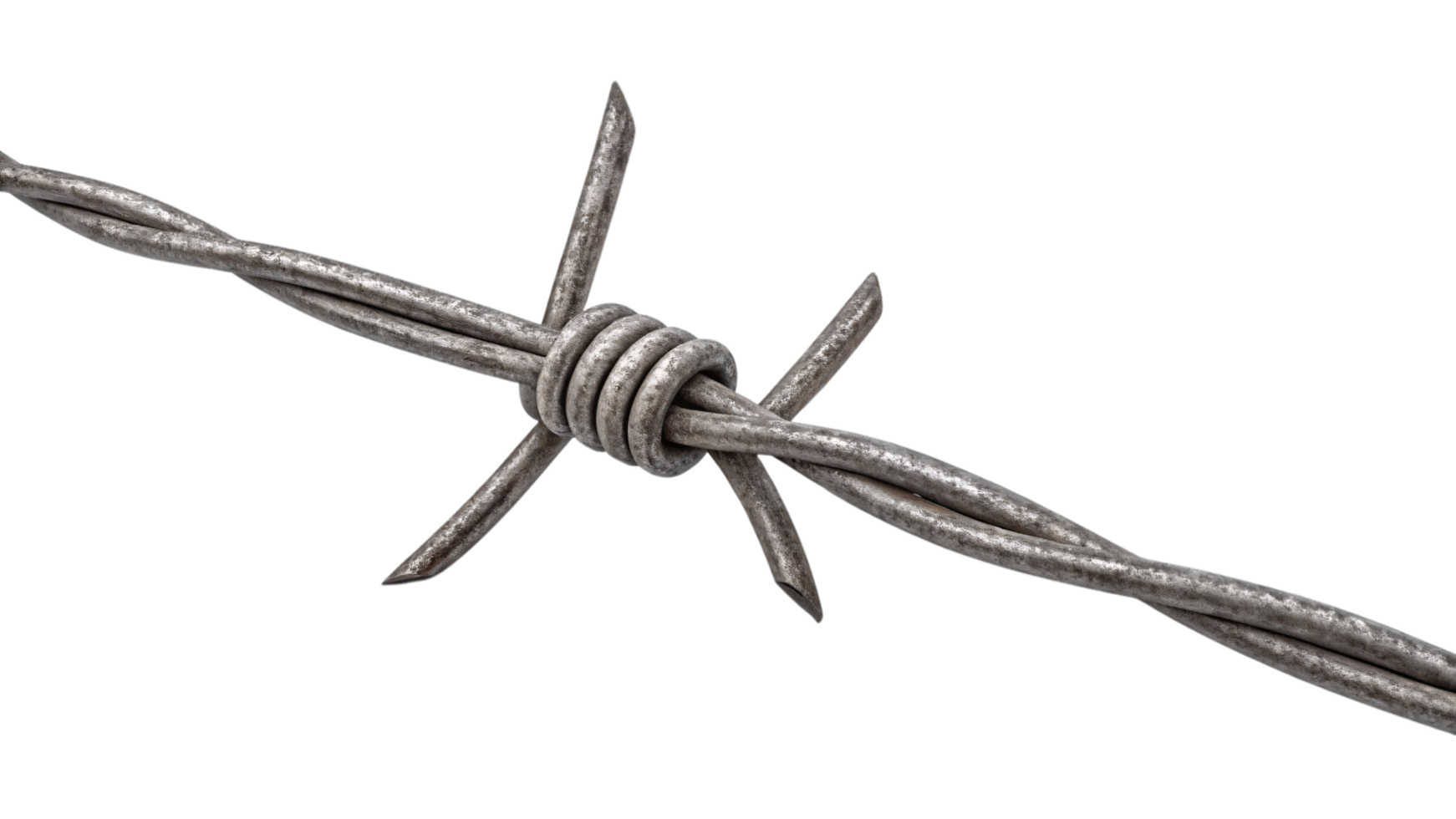 A close-up of gray metallic barbed wire, showing coiled and pointed ends symbolizing restriction or security, with a rugged and weathered texture png
