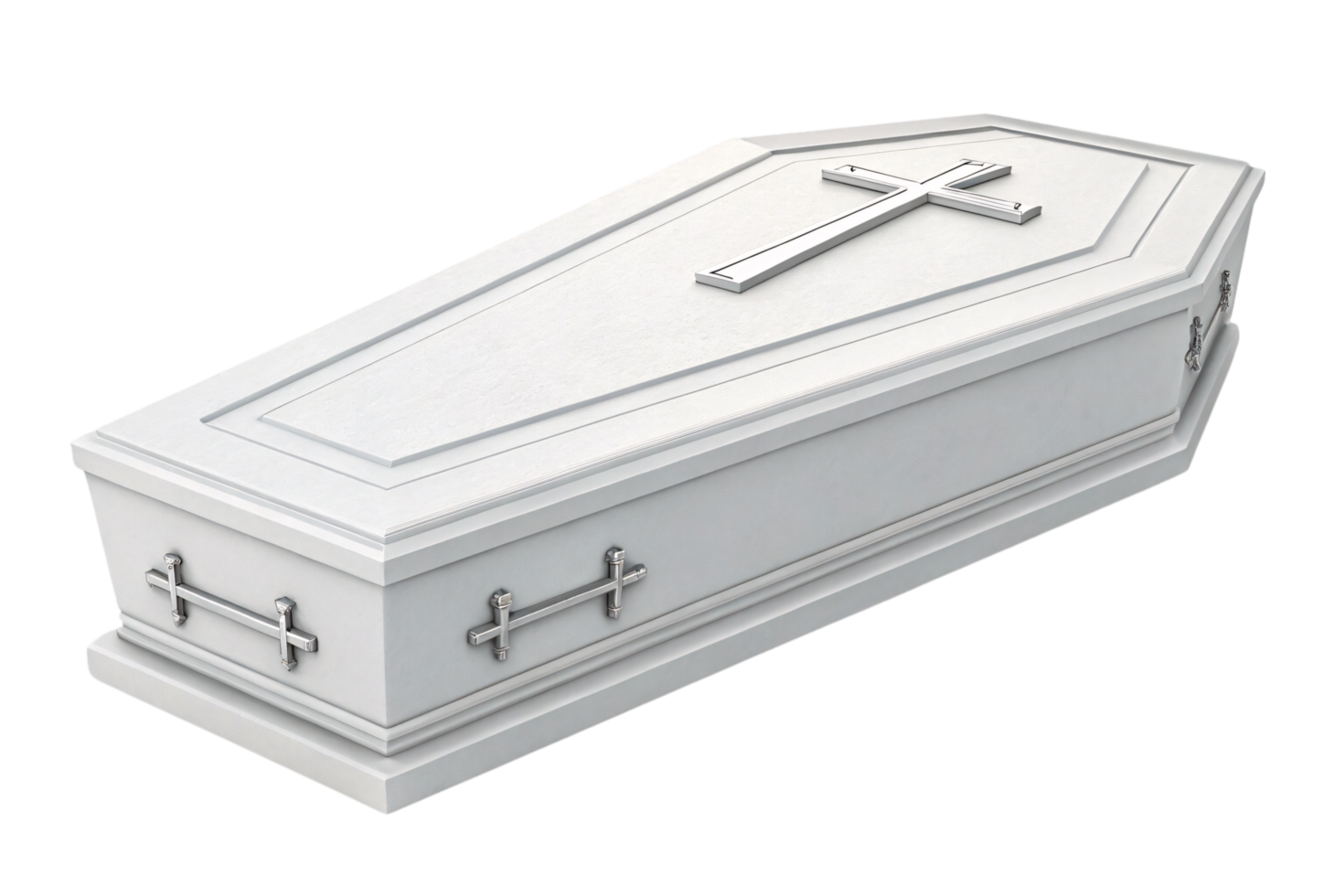 A classic white coffin featuring a raised cross on the lid, with intricate silver handles and decorative cross designs along the sides png