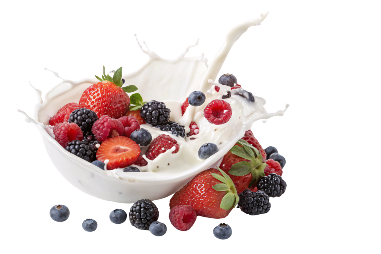 Mixed berries immersed in yogurt, splashing elegantly, combining natural sweetness with creamy textures in an artistic culinary depiction png