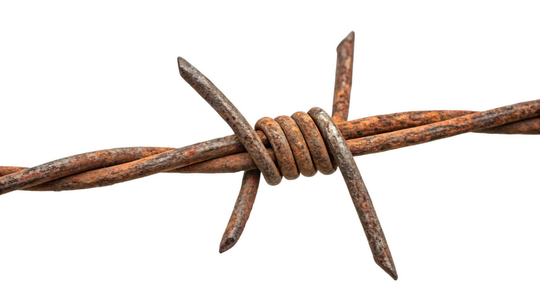 A detailed view of rusted barbed wire, showcasing its sharp spines and oxidized surface, reflecting weathered resilience and a sense of aged industrialism png