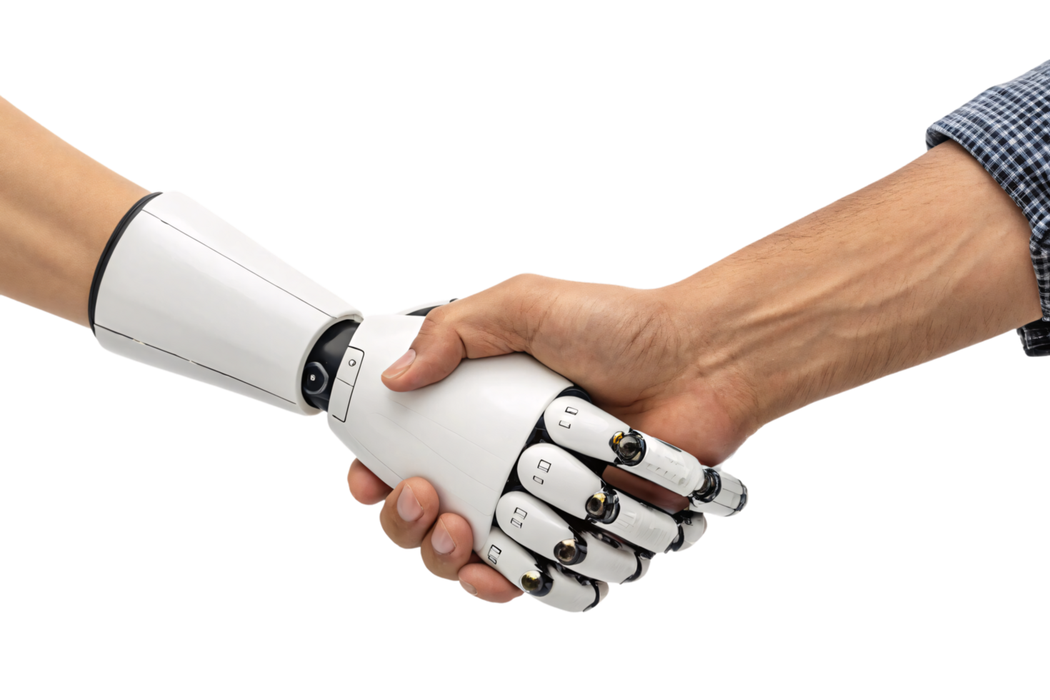 A casual handshake between a human and a robotic hand, symbolizing mutual respect and collaboration in everyday scenarios png