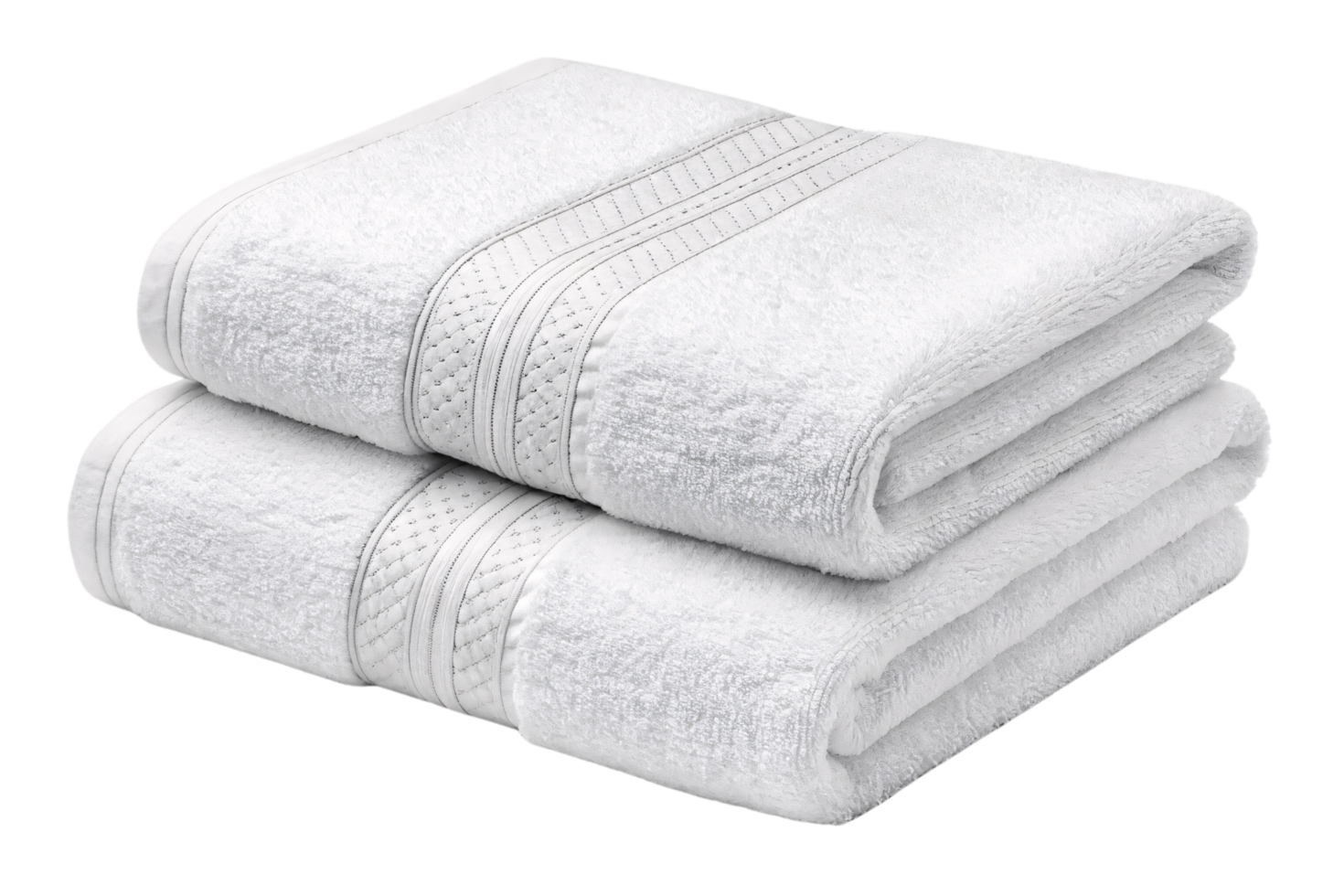 Two pristine white towels with textured, decorative bands are neatly folded, symbolizing softness, cleanliness, and luxurious comfort png