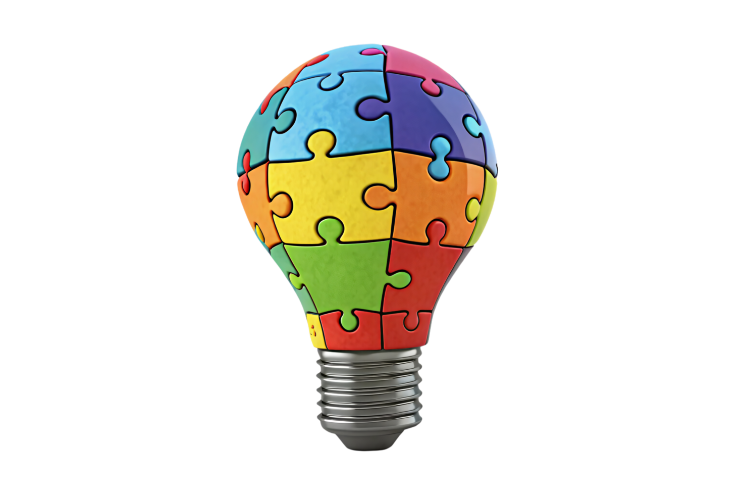 A vibrant lightbulb made of interlocking puzzle pieces, representing teamwork and cohesive thinking for generating new ideas png