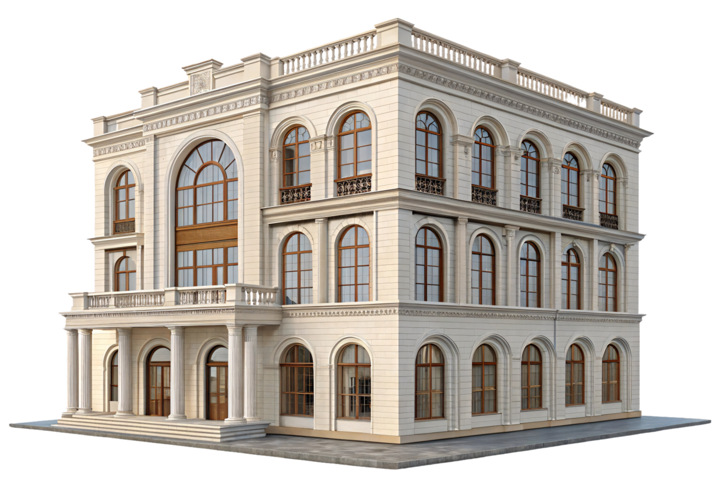 A grand white neoclassical building featuring tall arched windows, ornate cornices, and balconies with iron railings, emphasizing historical and architectural richness png
