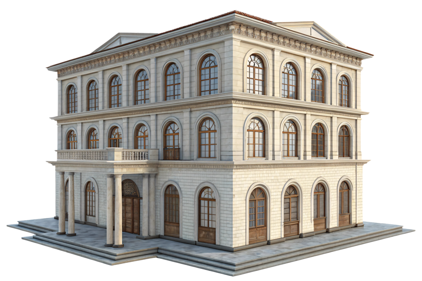 A neoclassical-style building, slightly different in proportions, adorned with symmetrical windows, stone textures, and a regal entrance framed by columns png