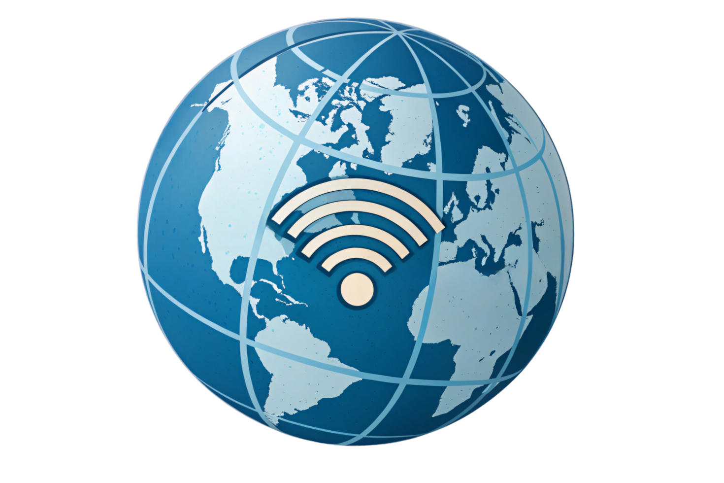 A blue-toned world map globe featuring a white Wi-Fi symbol, emphasizing worldwide internet connectivity and digital networking possibilities png