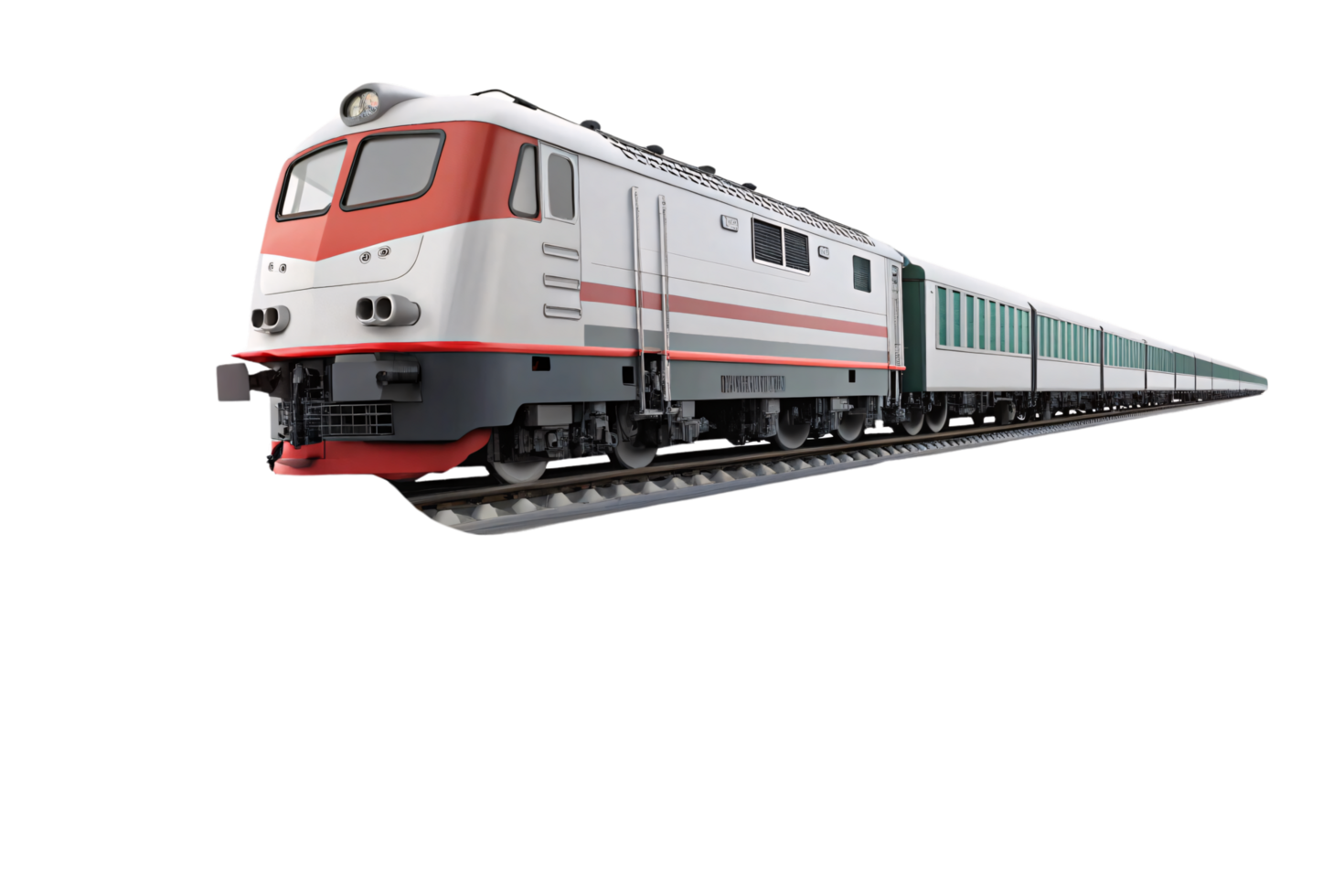A classic red-and-white train with multiple cars, exuding a nostalgic yet functional design, running on well-maintained tracks for passenger transportation png