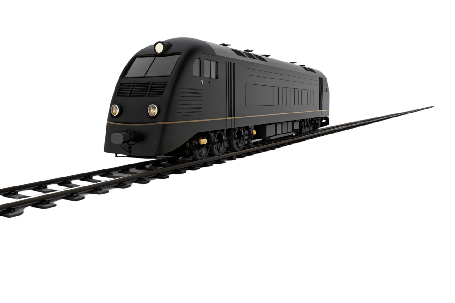 A sleek black train with rounded edges, modern headlights, and a minimalist design, positioned on railway tracks, signifying speed and innovation png