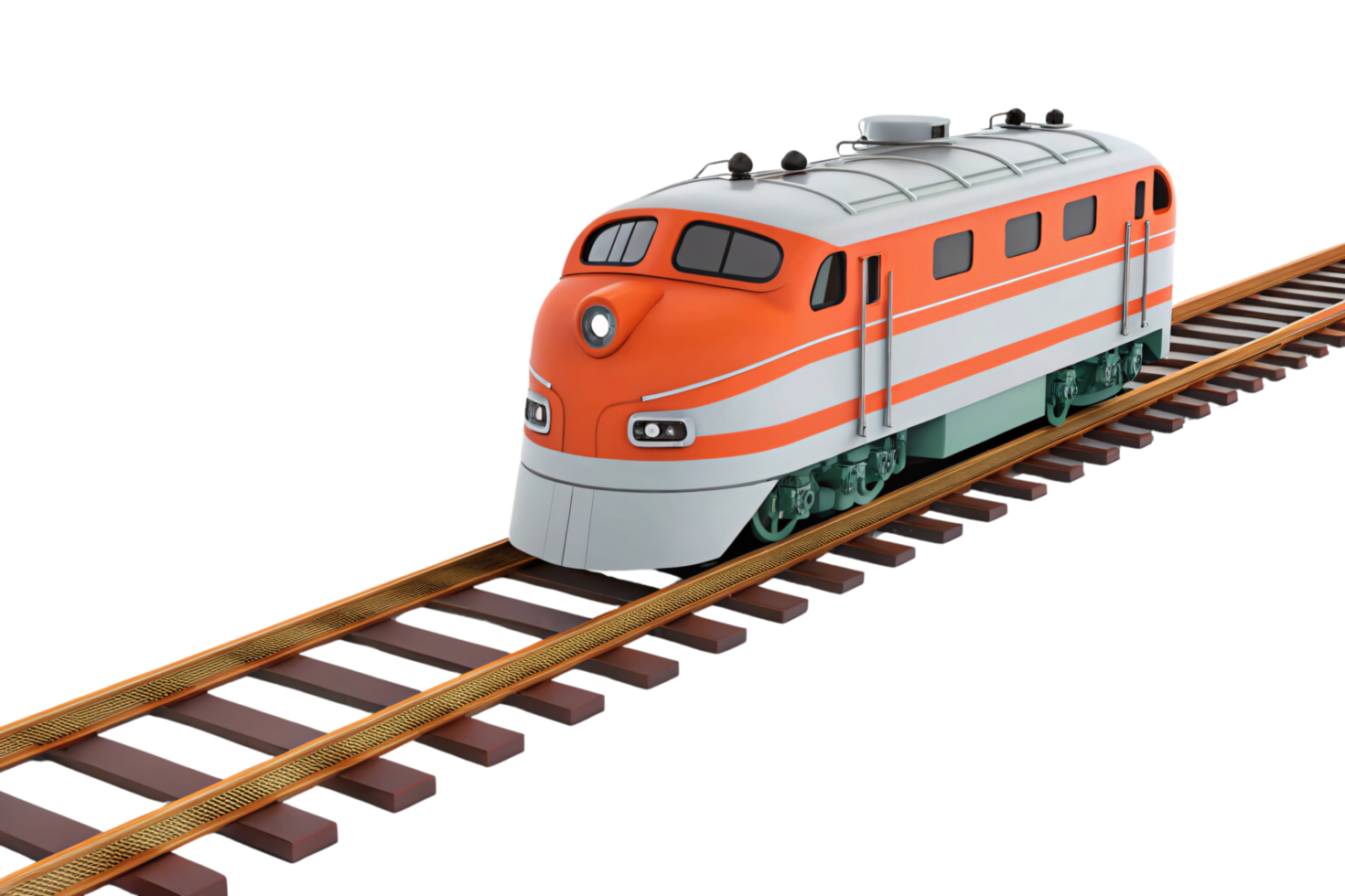 A compact orange-and-white train with a retro aerodynamic design, moving along warm-toned rails, reflecting vintage charm and efficiency png