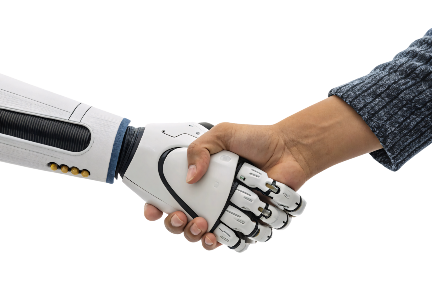 A robotic hand and a human hand firmly shaking, symbolizing collaboration, trust, and partnership between humans and technology png