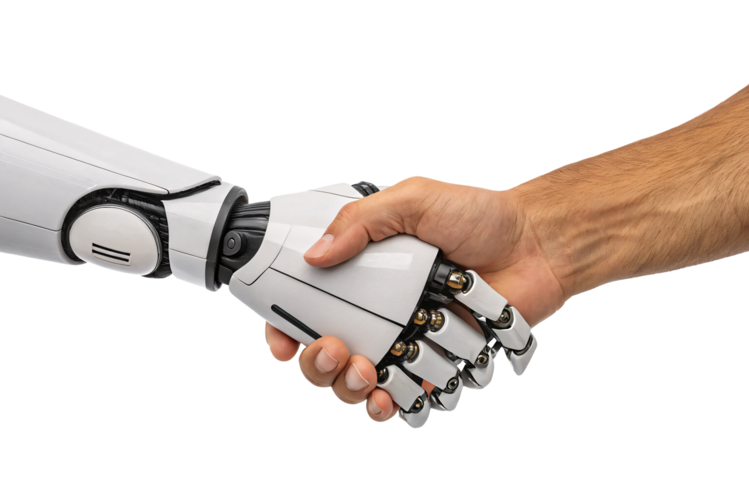A robotic arm and human hand engage in a handshake, signifying futuristic teamwork and human-machine cooperation png