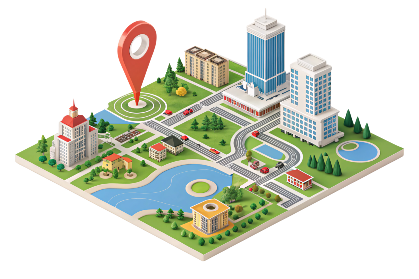 A stylized cityscape showcasing tall offices, residential areas, and curved roads, featuring a red location pin, emphasizing centrality and accessibility png