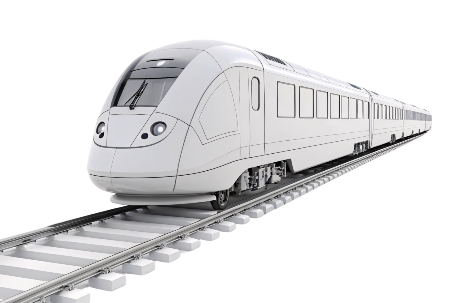 A pristine white high-speed train with streamlined design on metallic tracks, embodying efficiency, speed, and modern transportation technology png