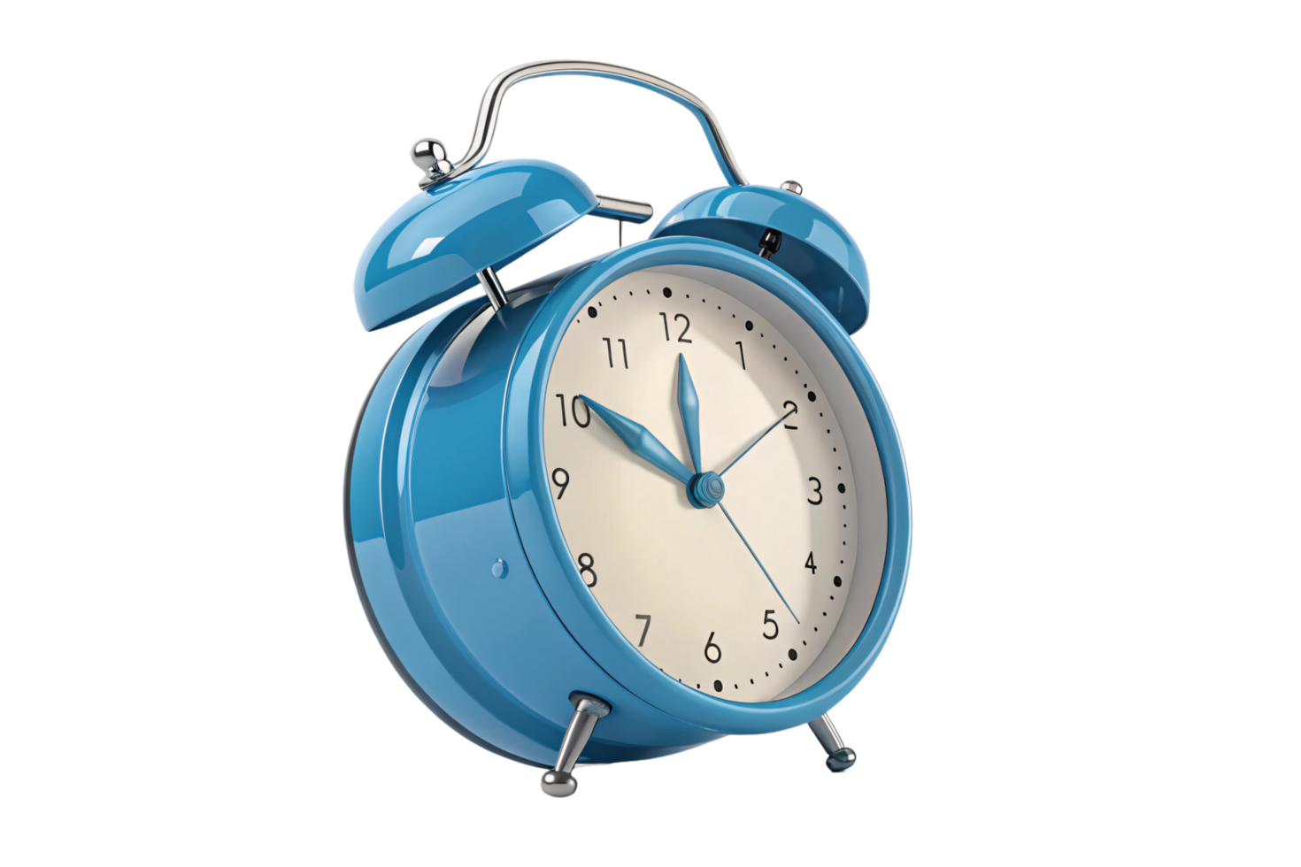 A shiny classic blue alarm clock with twin bells and a cream-colored face showing the time, symbolizing punctuality and timekeeping png