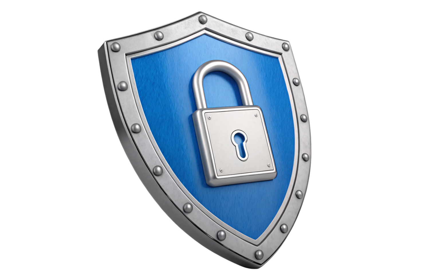 A shield-shaped emblem with a blue background and a central padlock, symbolizing security, protection, and reliability in a digital or physical sense png