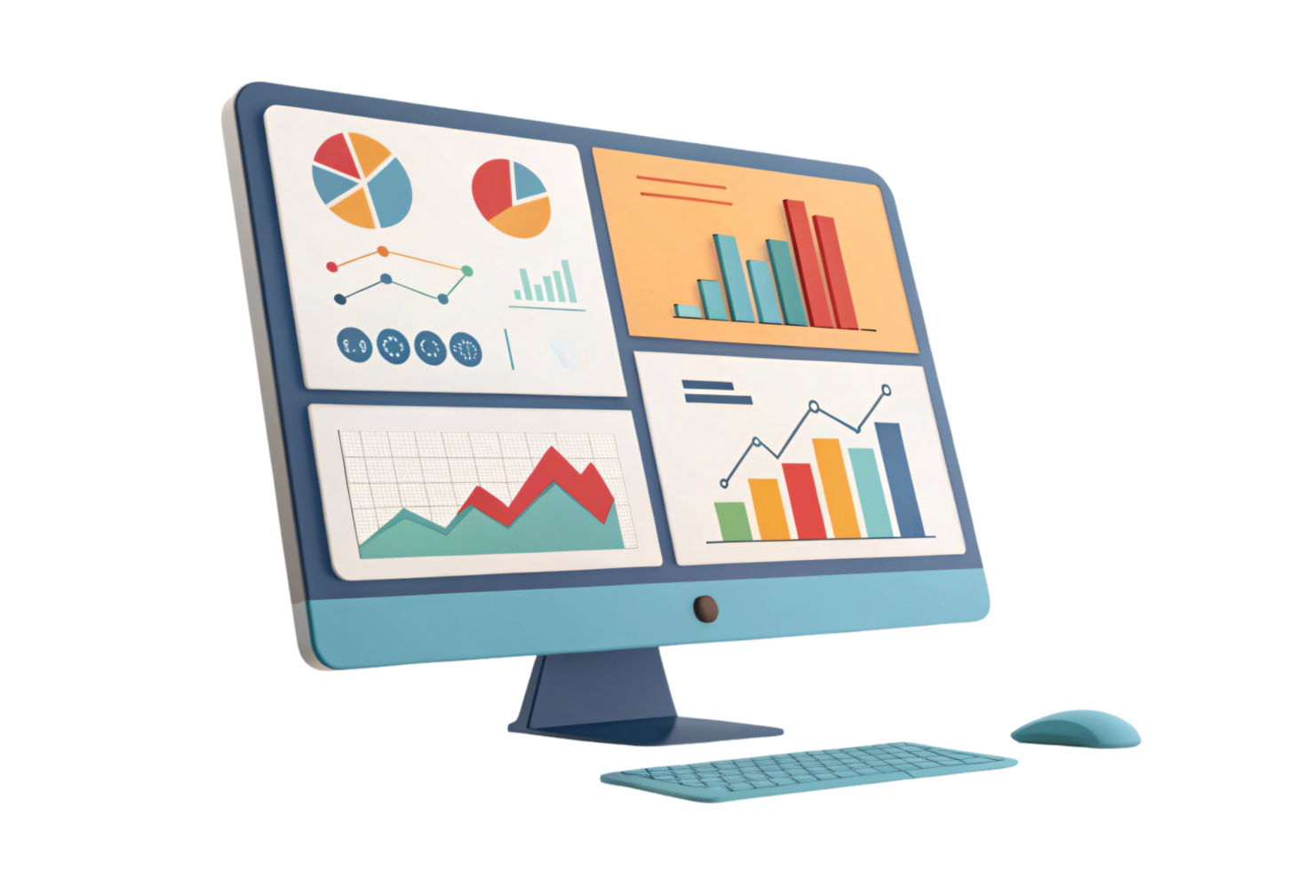 A sleek computer setup showcasing colorful graphs, bar charts, and line trends on a vibrant monitor screen, paired with a keyboard and mouse png