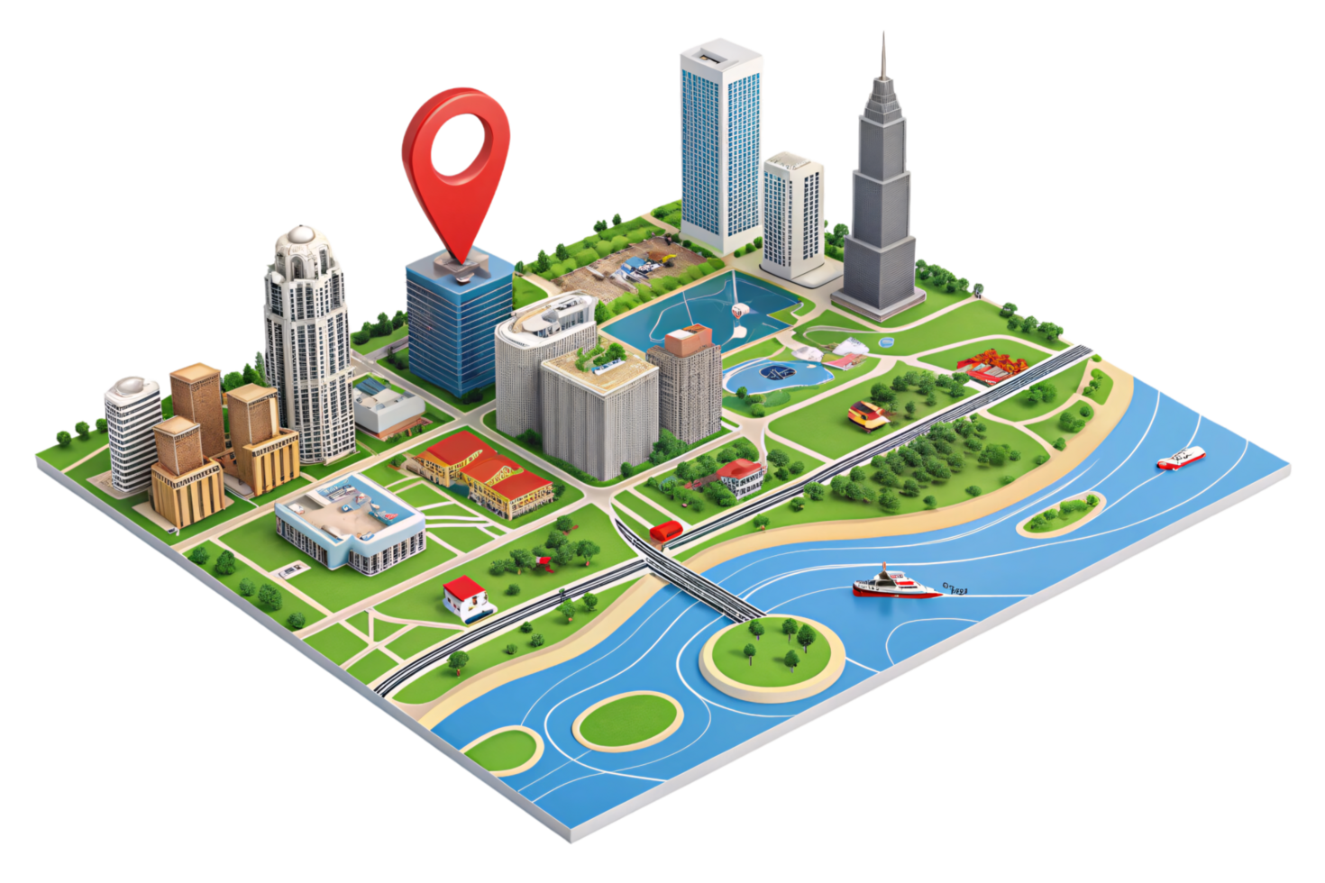 A vibrant 3D city model with towering skyscrapers, parks, and rivers, highlighted by a red map pin denoting a specific location png