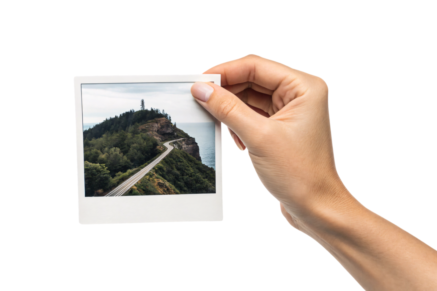 A hand holds a polaroid picture of a scenic coastal road winding through lush greenery on a cliff overlooking the ocean png