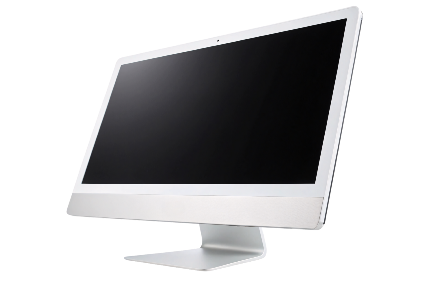 A minimalist desktop monitor with a sleek silver frame and a blank black screen, showcasing elegant and modern technology aesthetics png