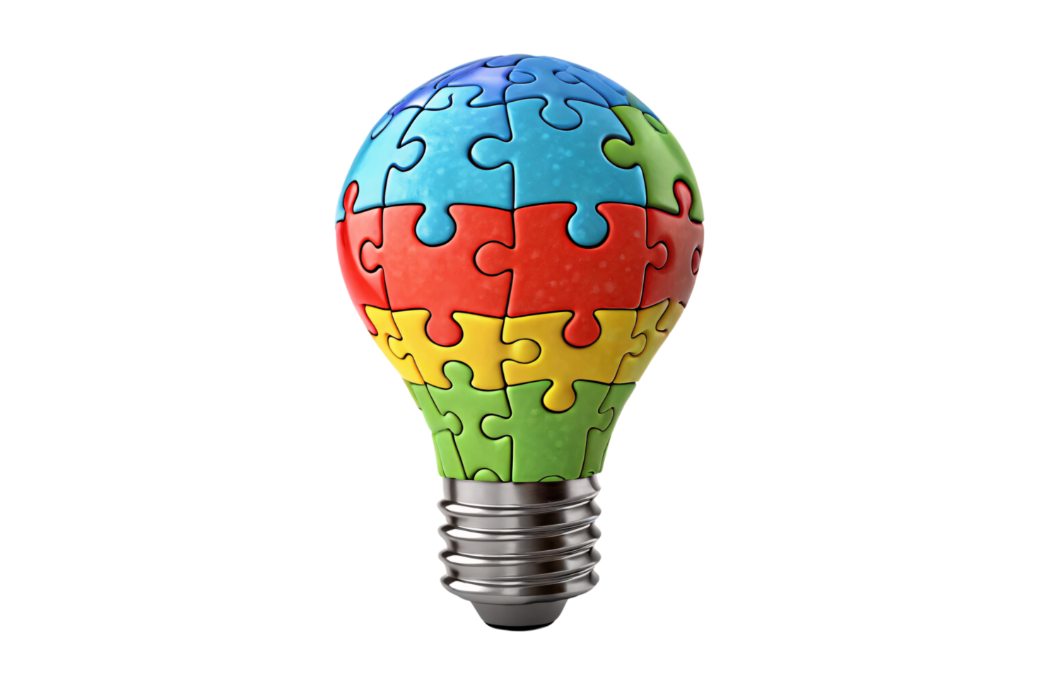 A glossy puzzle-lightbulb with vivid colors, symbolizing the power of collaboration and the assembly of unique ideas into brilliant innovation png