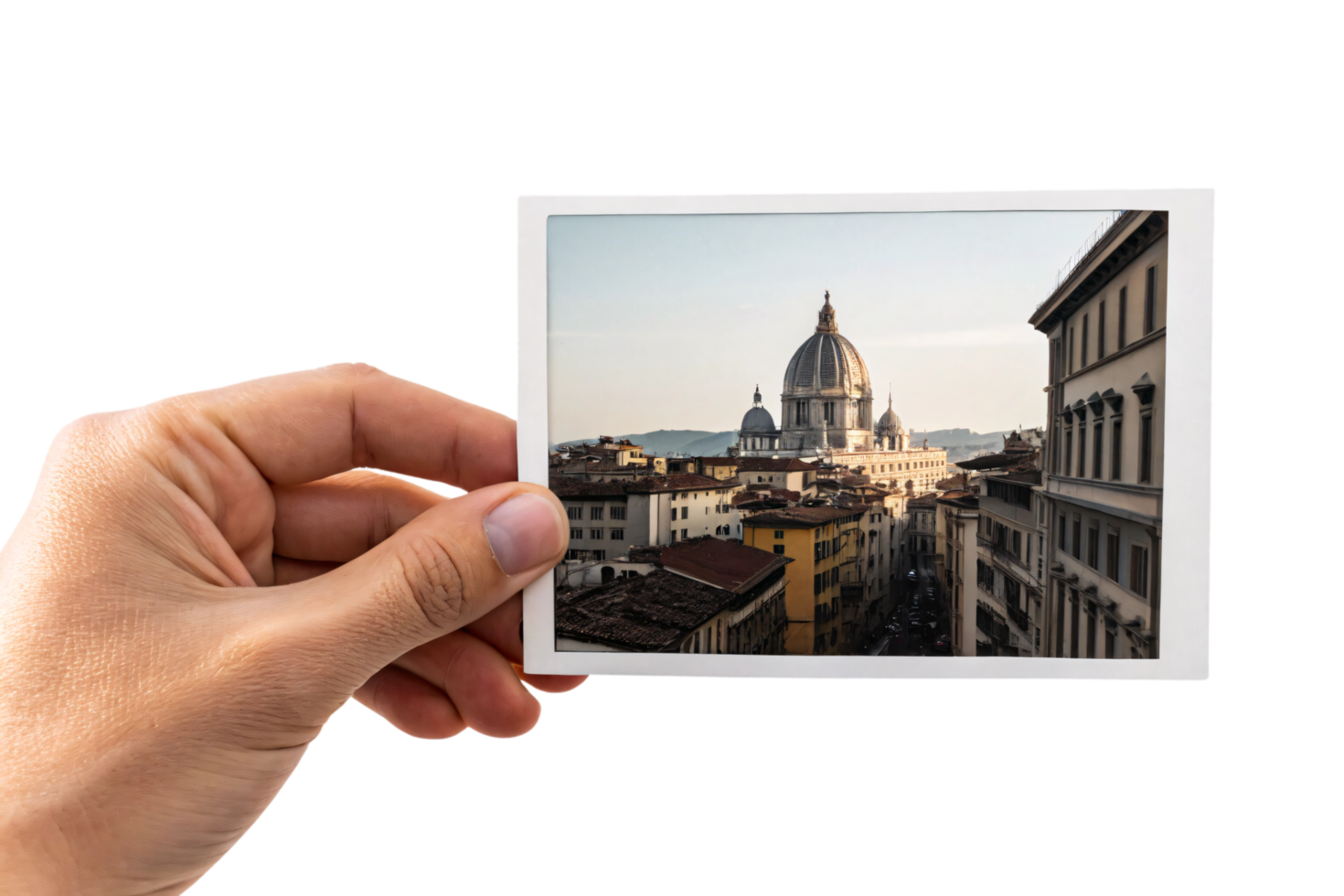 A hand holds a photo showing Florence's iconic Duomo, with scenic architecture and a warm sunset glow highlighting the city's historical charm png