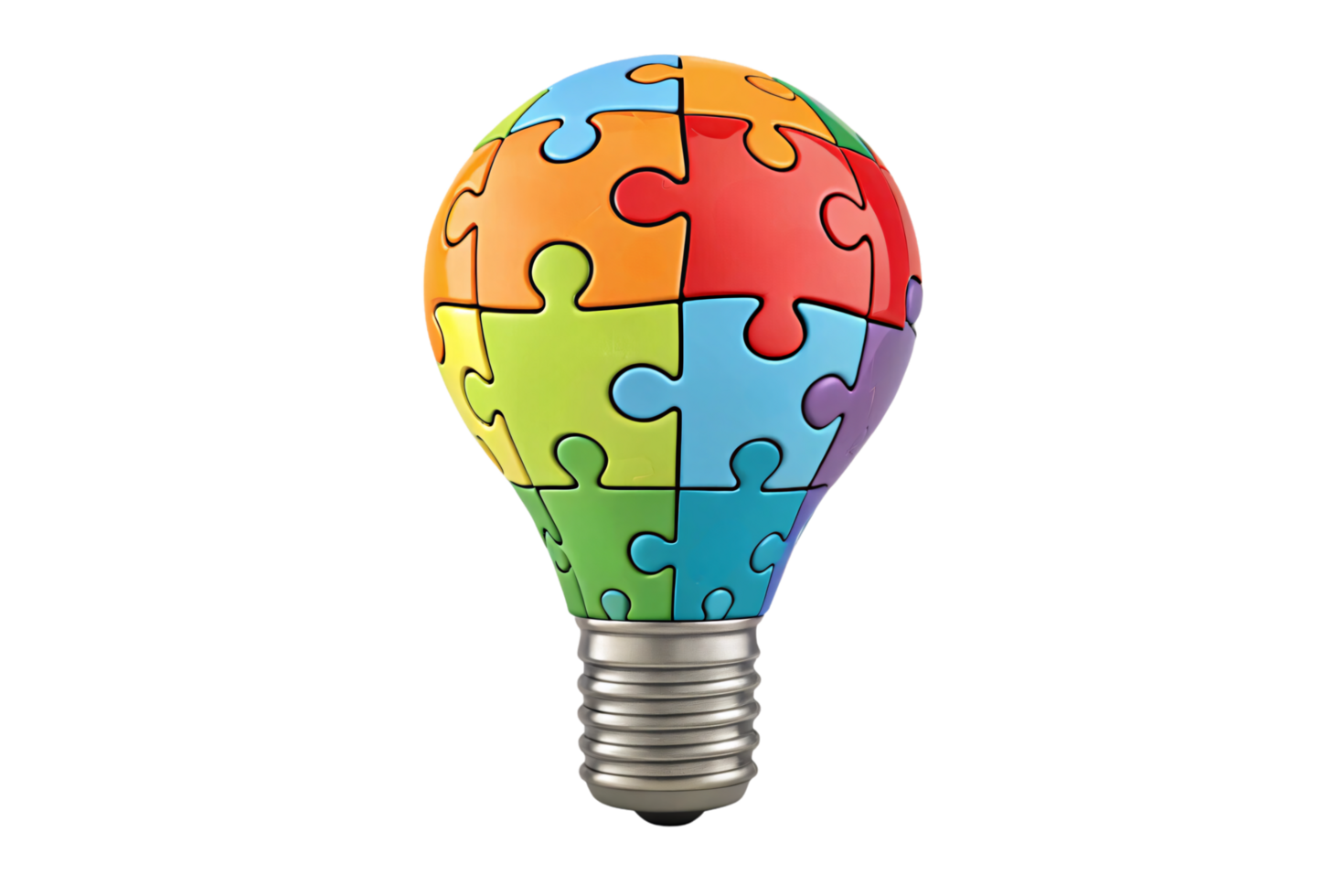 A lightbulb-shaped object composed of vibrant interlocking puzzle pieces, symbolizing creativity, innovation, and problem-solving through collaboration png