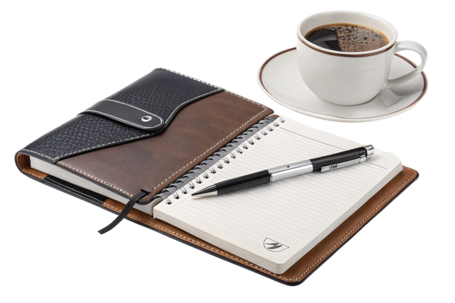 A luxurious leather notebook with a fountain pen, accompanied by a steaming cup of coffee, symbolizing focus and productivity png