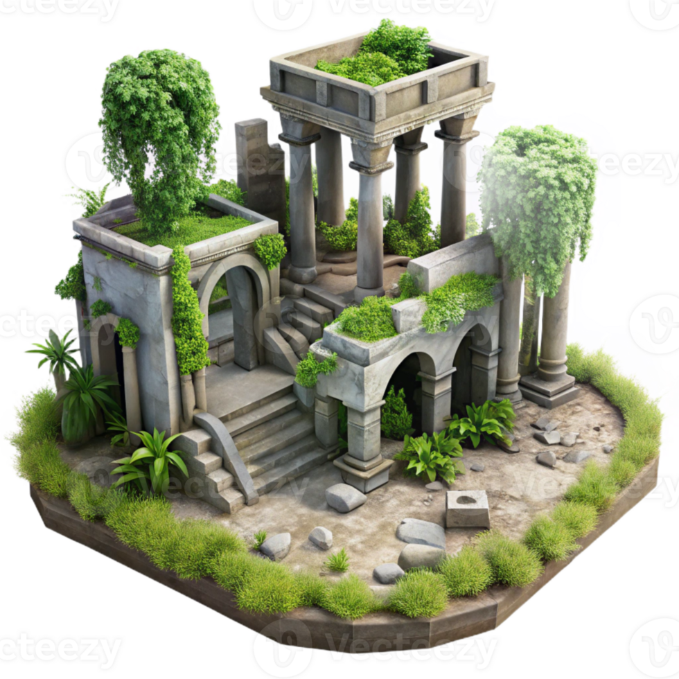 vibrant minimalist Overgrown City Ruins Transparent Background detailed png