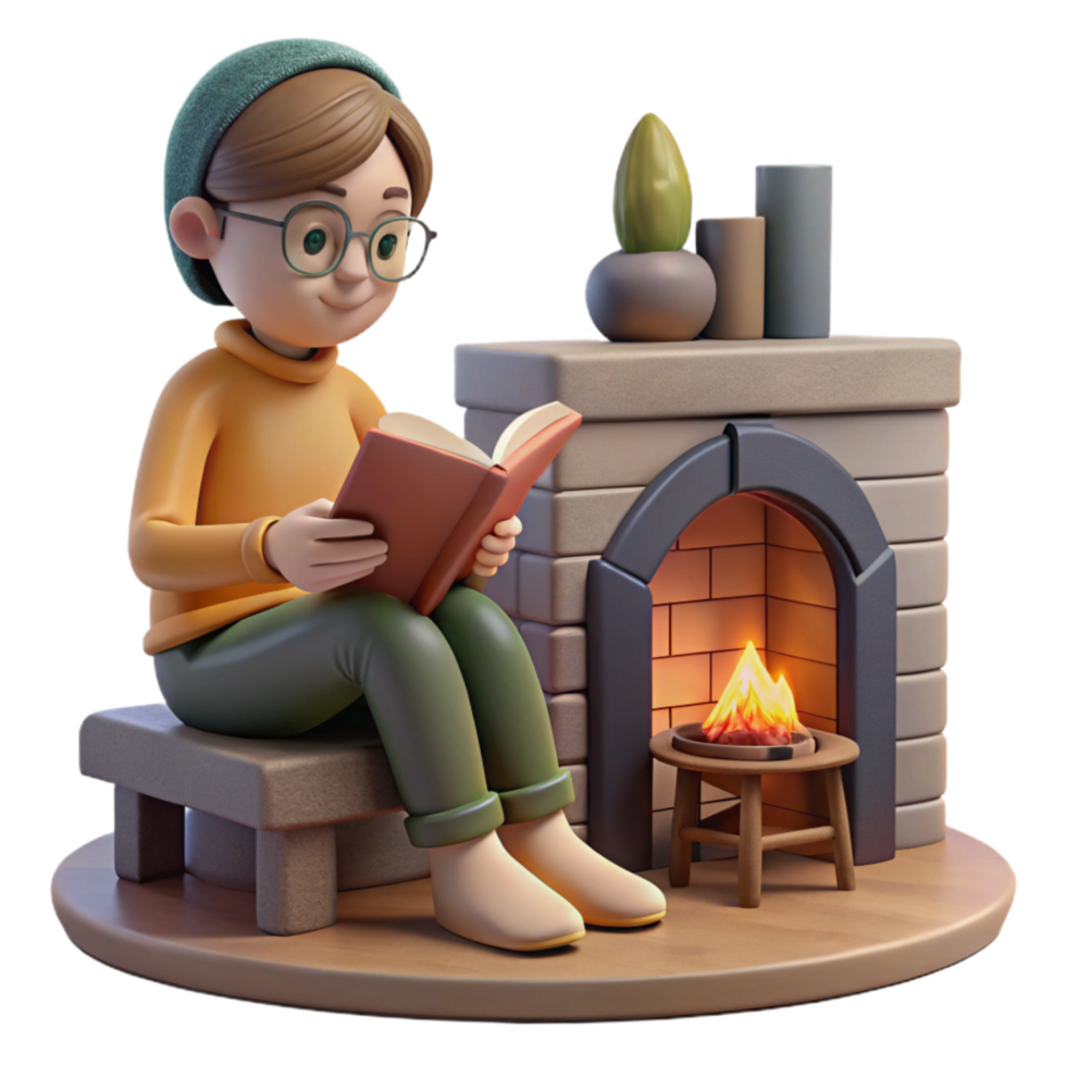 magnificent vintage Person Reading Book by Fireplace Transparent Background high resolution png
