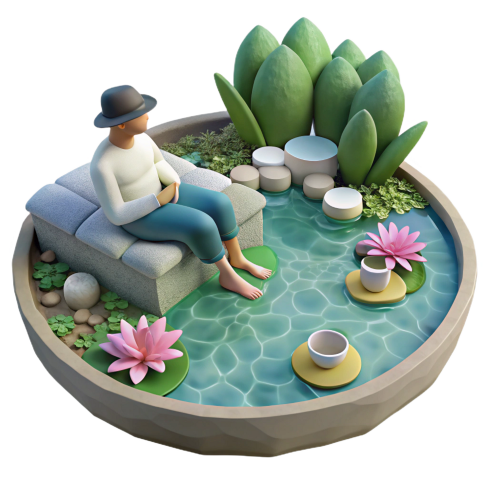 serene contemporary Person Relaxing by Pond with Water Lilies Isolated Serene Setting authentic png