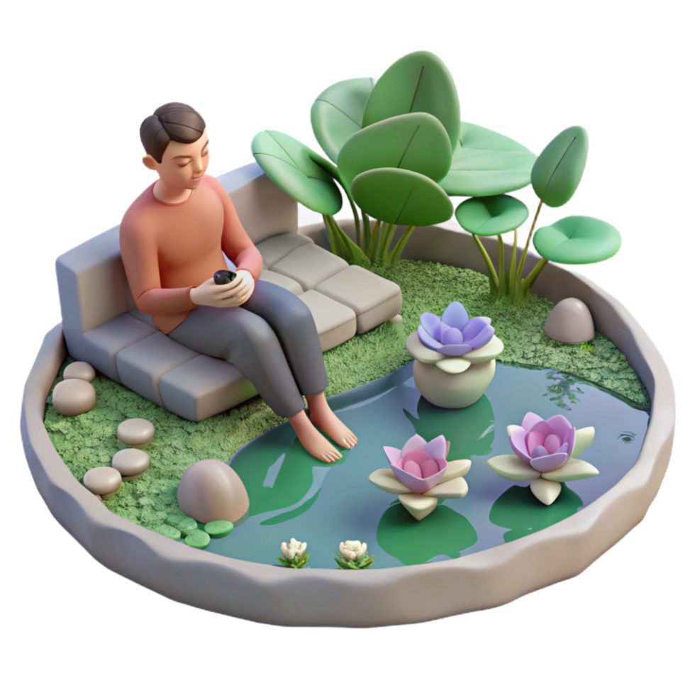 extraordinary abstract Person Relaxing by Pond with Water Lilies Isolated Serene Setting exclusive png