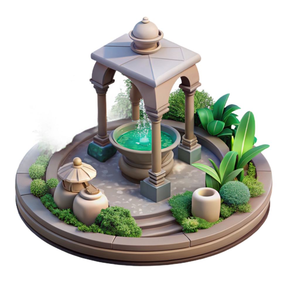 elegant creative Quiet Garden with Fountain Transparent Background high quality png