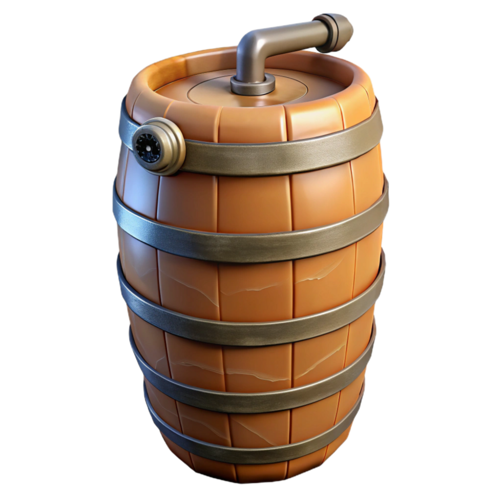 elegant rustic Rain Barrel with Spigot Side Angle Transparent Background with Rustic Style high resolution png