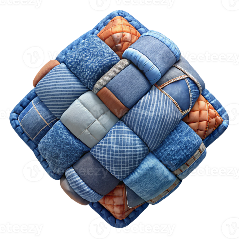 serene traditional Repurposed Denim Patchwork Quilt Top View Transparent Background exclusive png