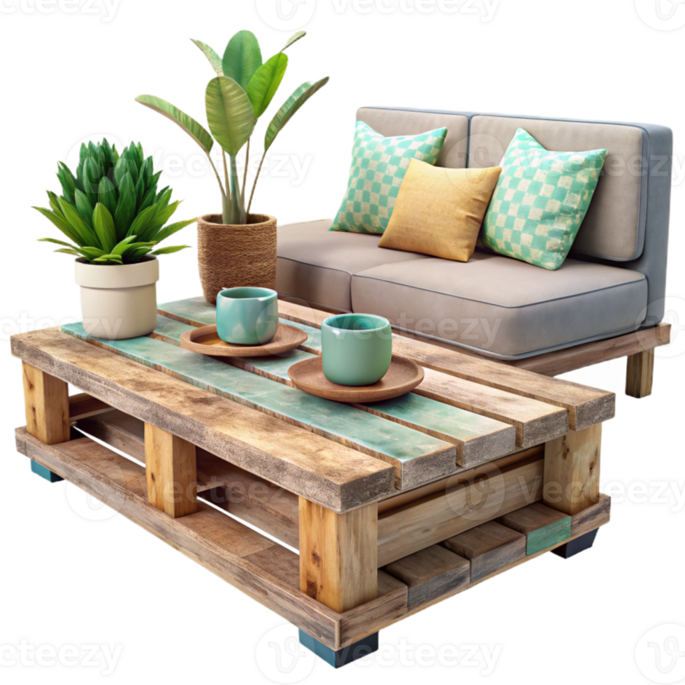 dramatic rustic Repurposed Wooden Pallet Coffee Table Living Room Setting Cutout exclusive png