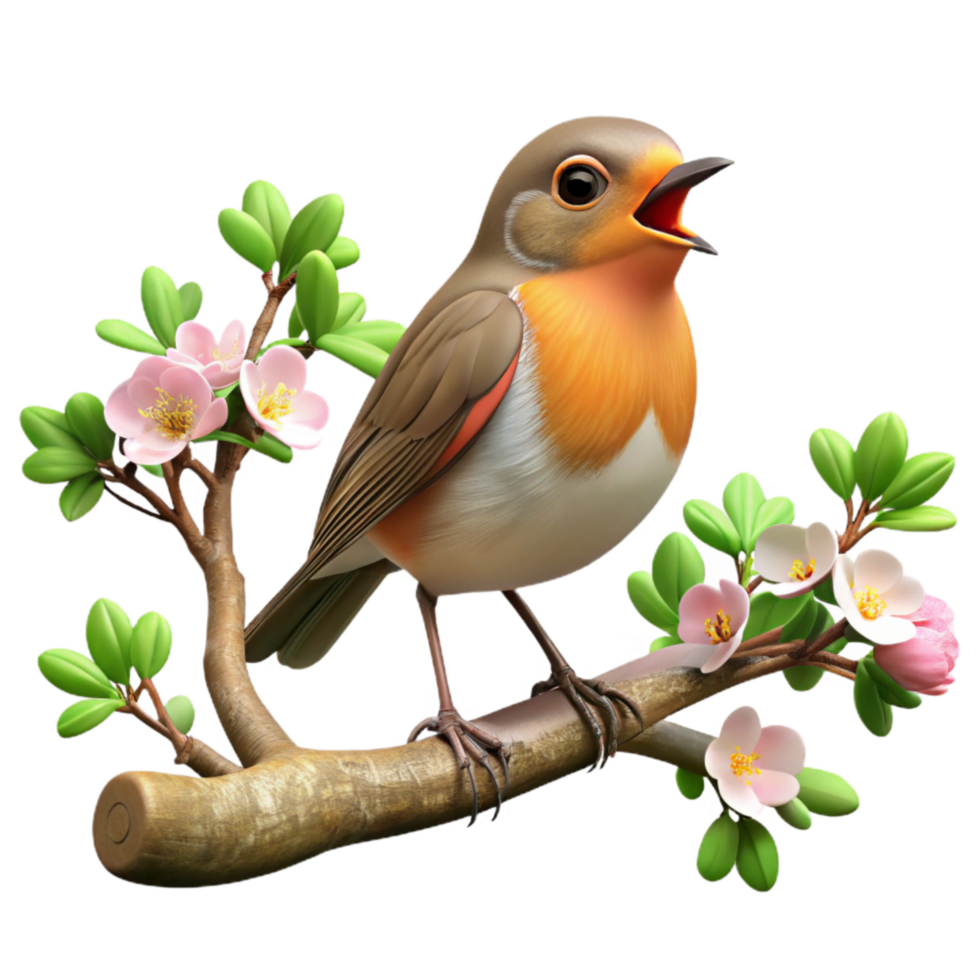 wonderful artistic Robin Singing on Branch Cutout Spring Scene professional png