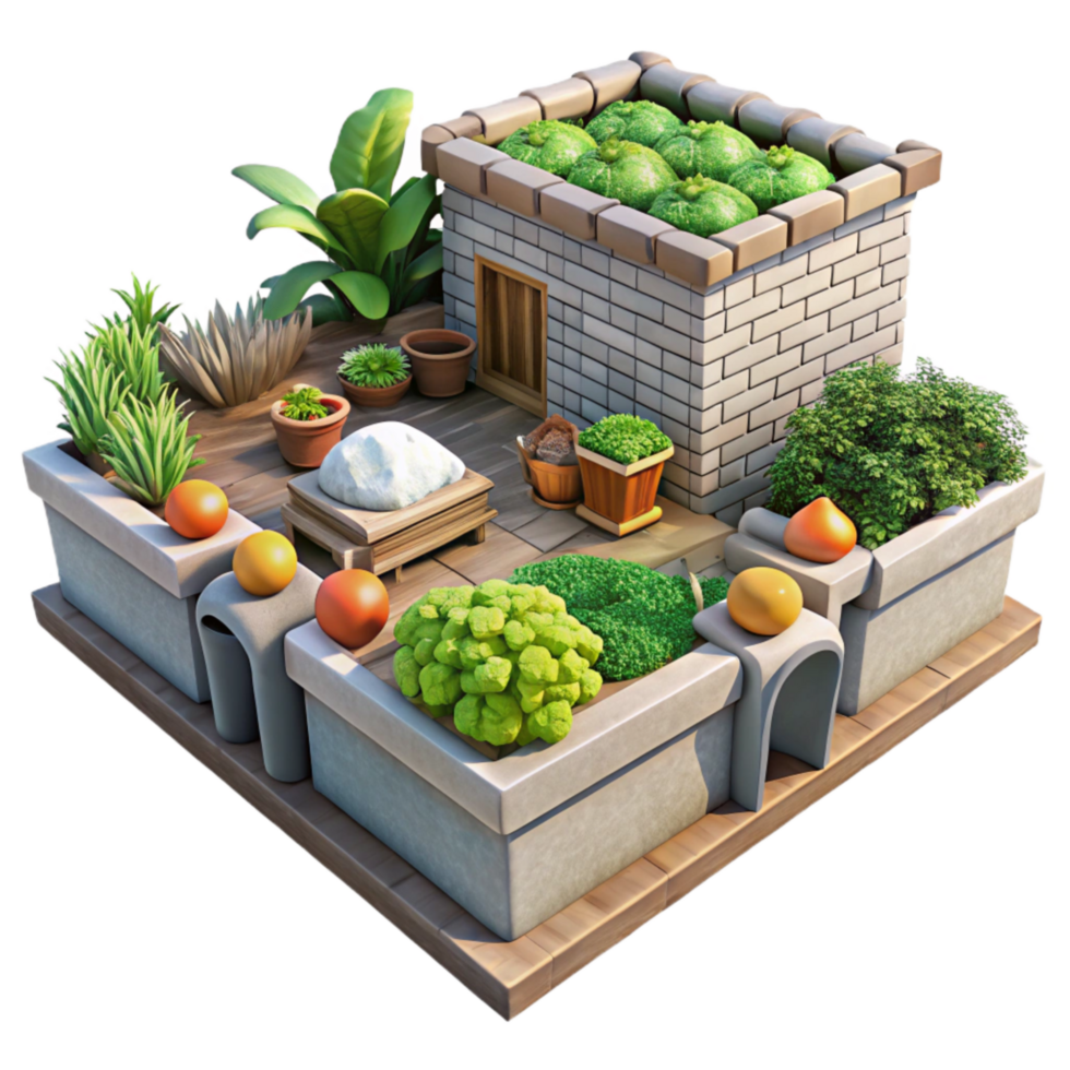 magnificent vintage Rooftop Garden with Vegetables and Flowers Isolated on White detailed png