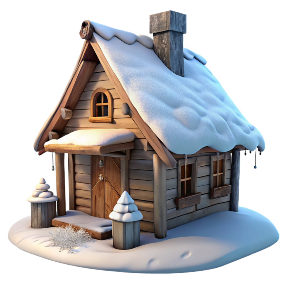 elegant contemporary Rustic Cabin in Snow Winter Scene Transparent Background detailed png