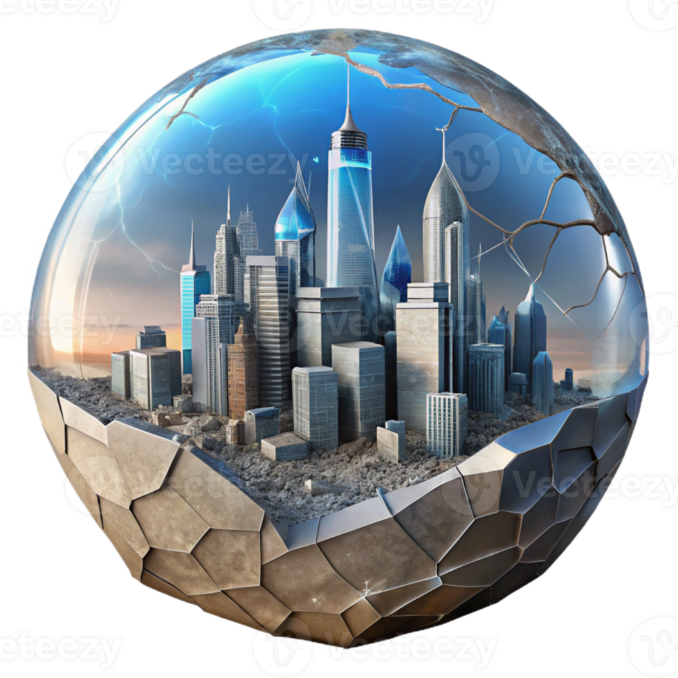 impressive vintage Sci Fi Cityscape Through Cracked Screen Isolated Element premium png