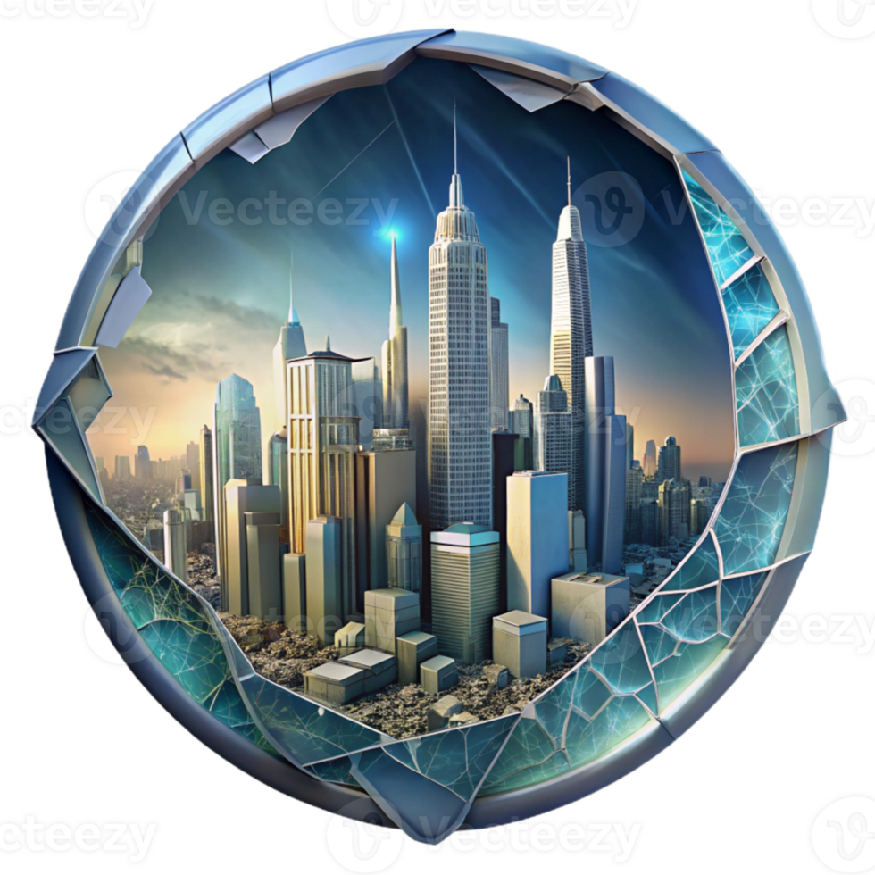 beautiful classic Sci Fi Cityscape Through Cracked Screen Isolated Element high quality png