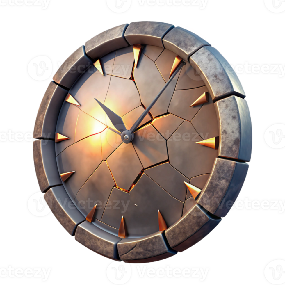 dramatic traditional Shattered Clock Face with Glowing Cracks Transparent Background premium png